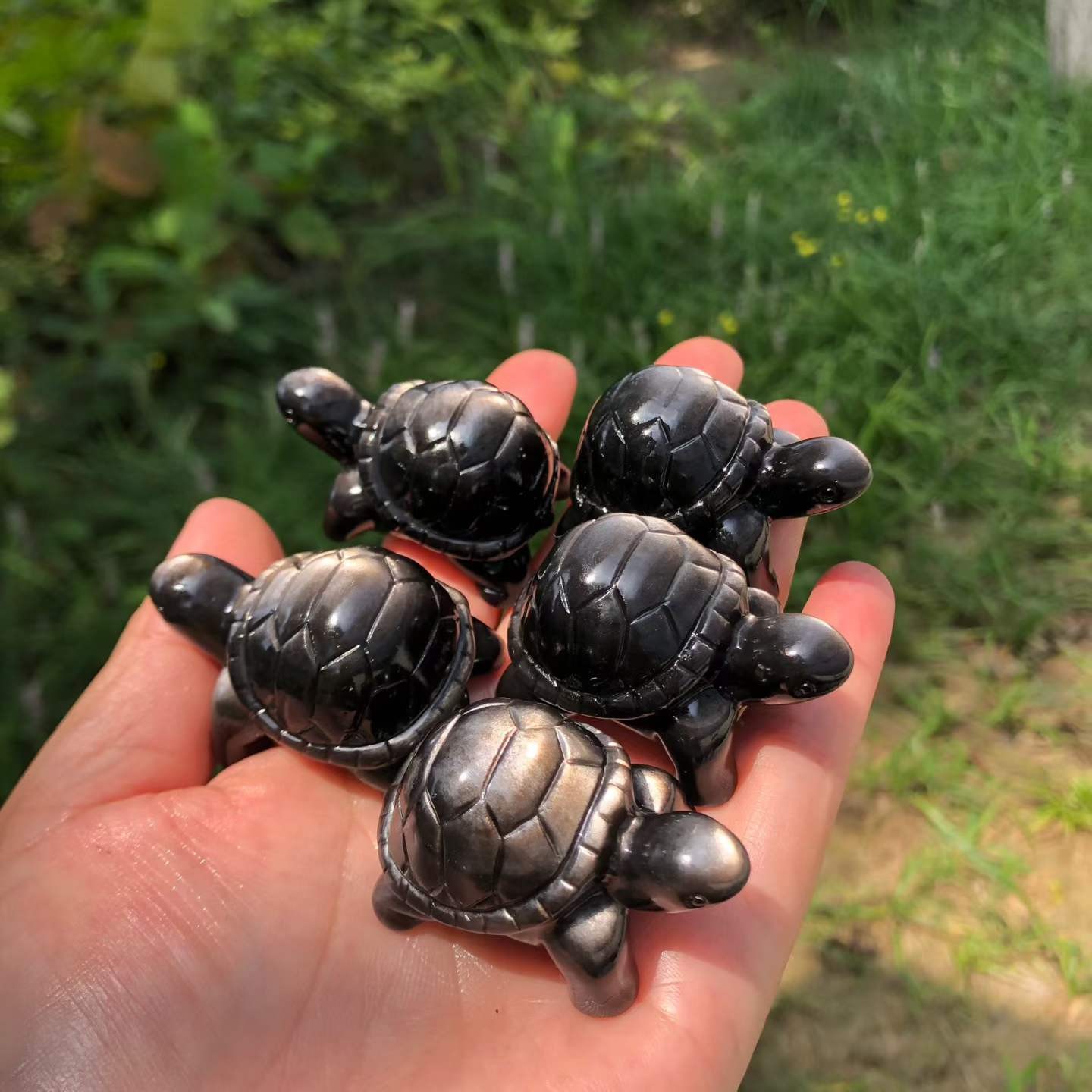 1pc Natural Silver Obsidian Quartz Carved Tortoise Skull Crystal Reiki Decor