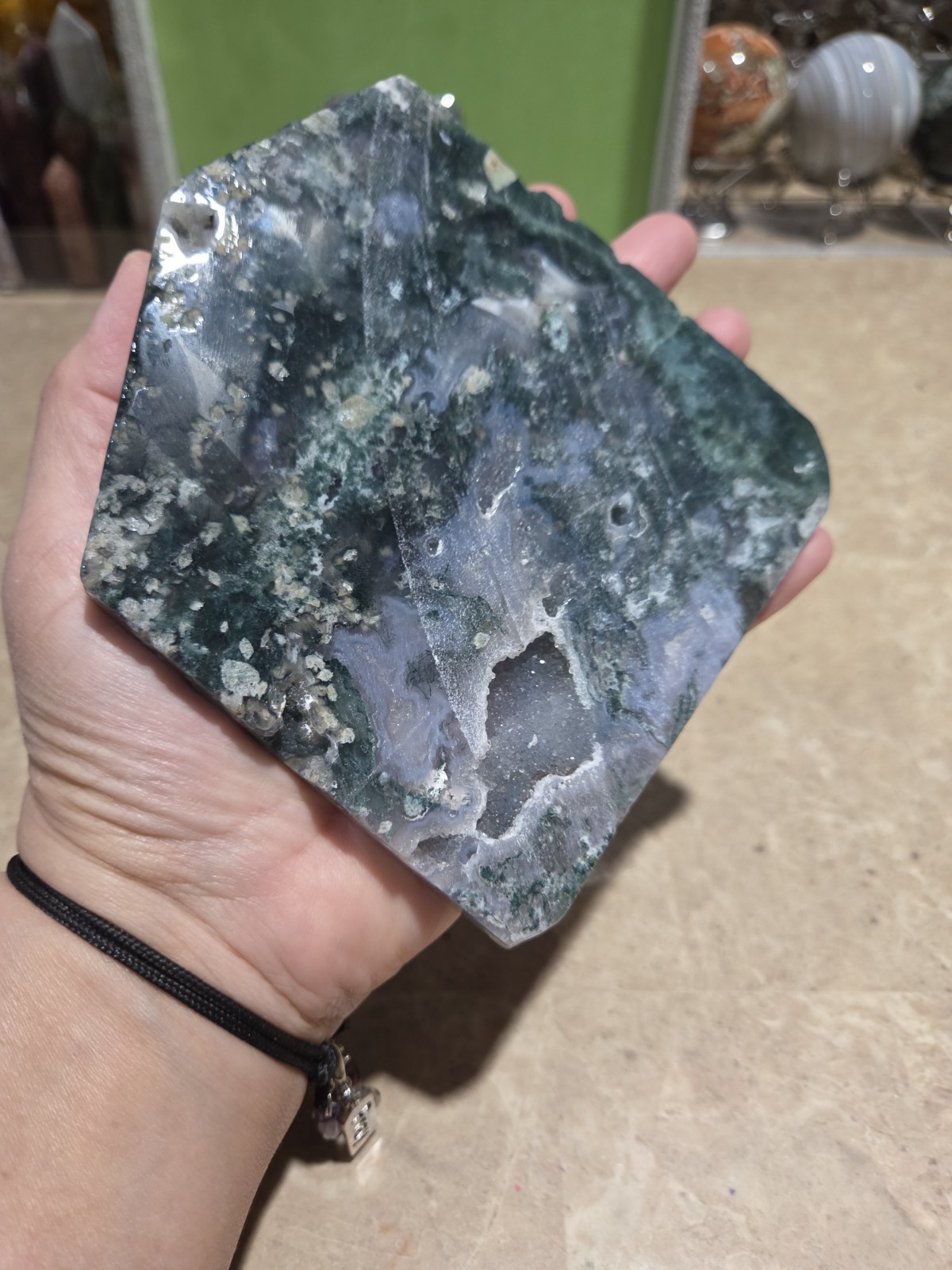 Crystal Blue & Green Moss Agate Slab With Druzy