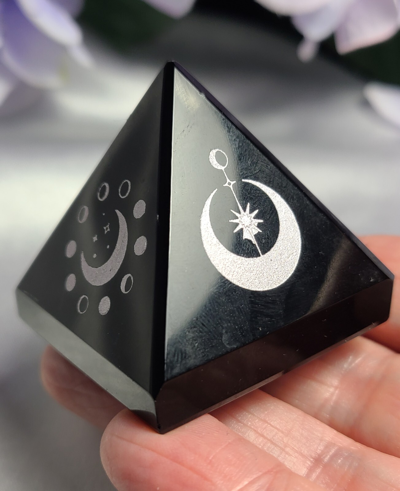 1.7″ Black Obsidian Sphere Crystal Pyramid Silver Engraved Moon & Stars Wiccan