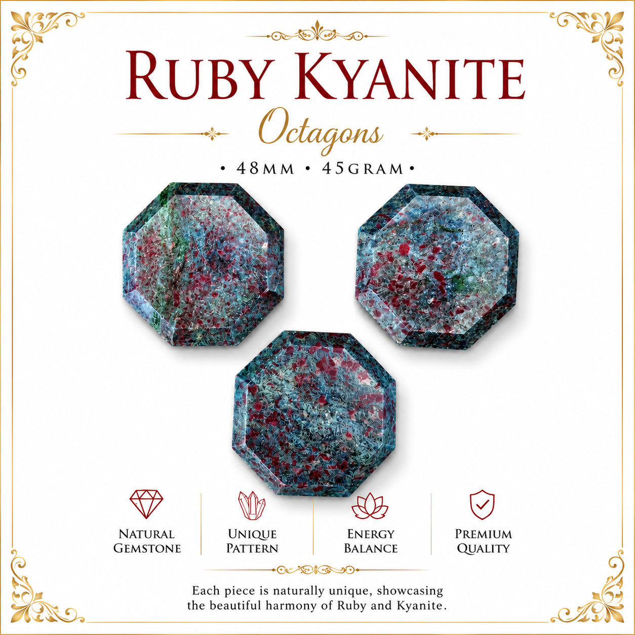 Ruby Kyanite Palm Stone UV Reactive Fluorescent Crystal Octagon 48mm