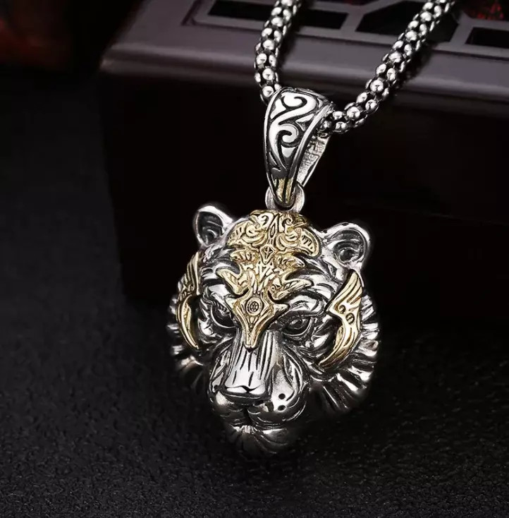 Men’s Fashion Jewelry Silver Tiger Head Pendant Necklace 1PC