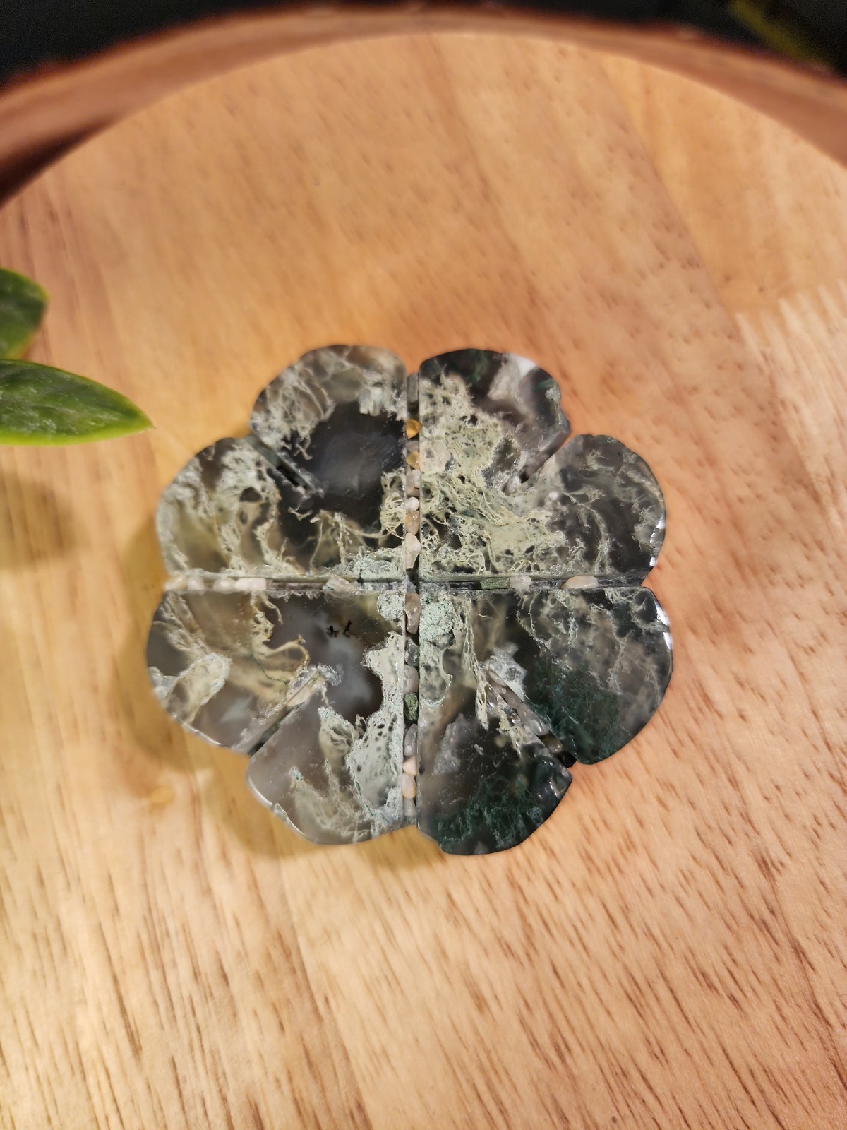 Moss Agate Four Leaf Clover Carving