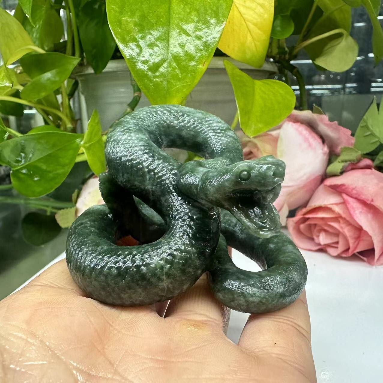 1pc Natural Jade Quartz Crystal Carved Snake Skull Reiki Healing decor gift