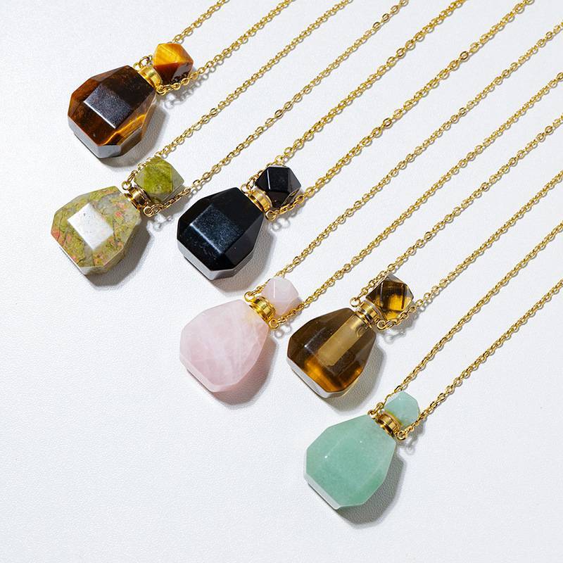 Natural Quartz Gemstone Perfume Bottles Pendant Chakra Healing Crystal Necklace