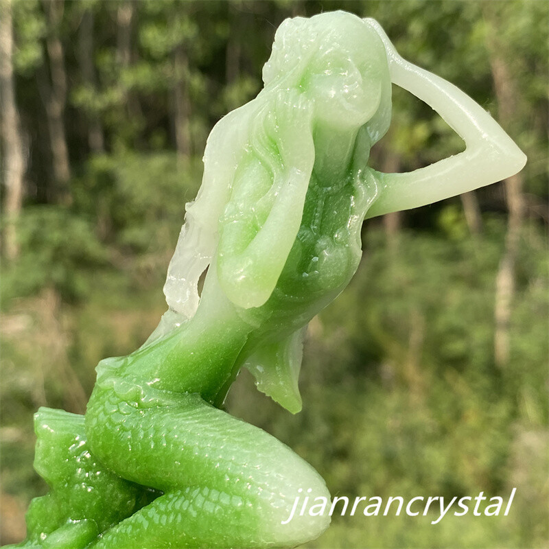 4″ Green Luminous Stone Quartz Hand Carved Mermaid Crystal Skull Reiki Healing