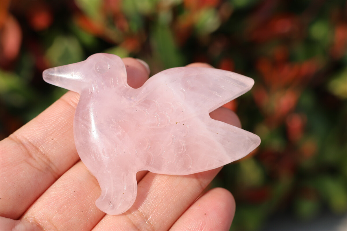 2.3” Natural Rose quartz Hummingbird Hand Carved Reiki Crystal Skull gift 1pc