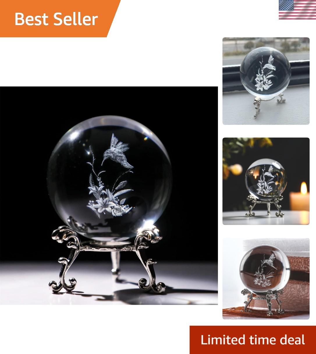 Exquisite 60mm Hummingbird Crystal Sphere with Metal Stand – Feng Shui Decor