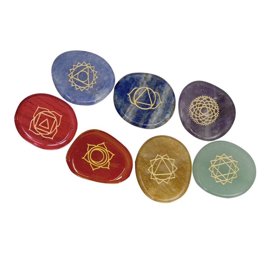 NEW Engraved Chakra Stone Set (Boxed) – Seven 1″ Natural Gem Oval w/ Gold Enamel