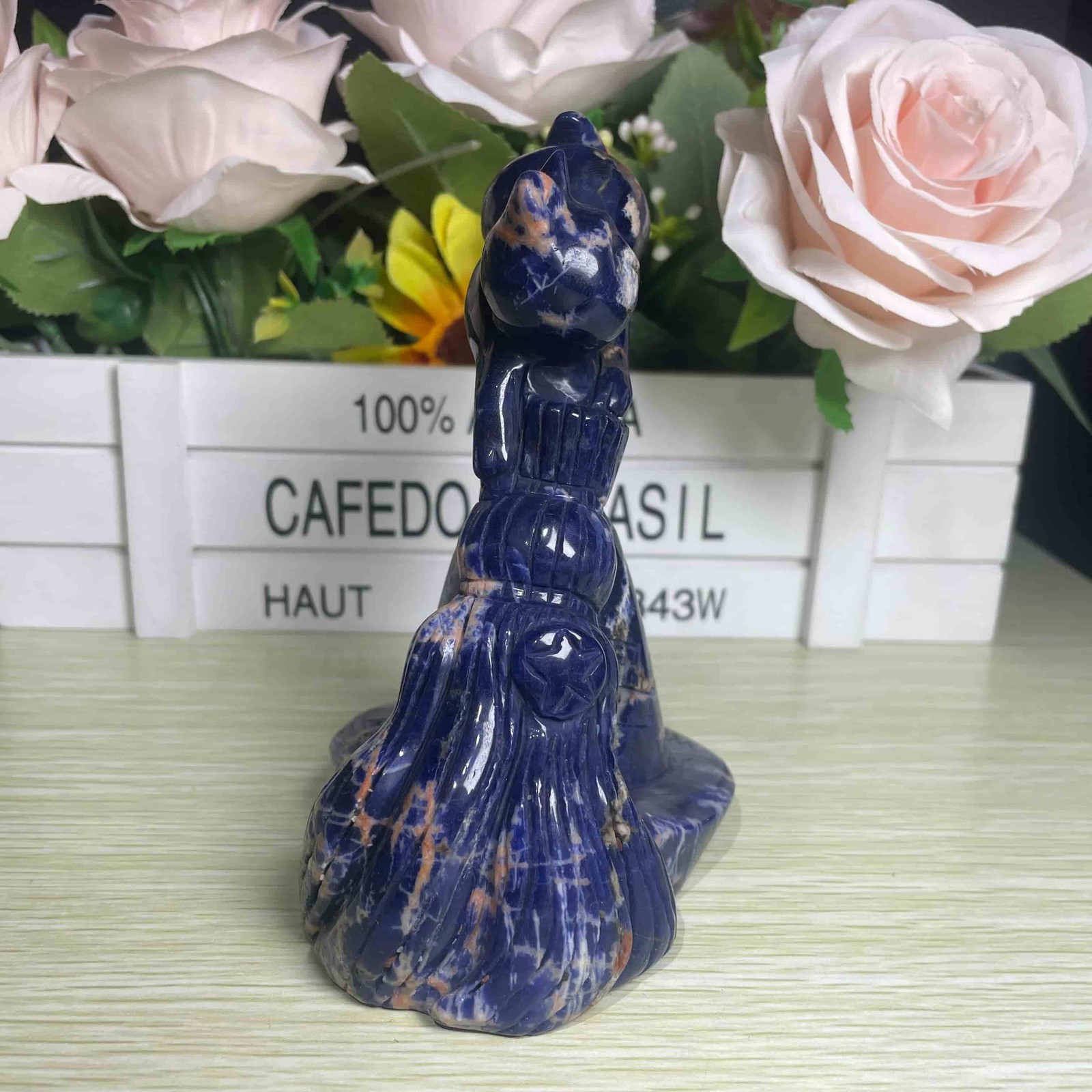 1.3LB 4.7” Natural Blue Sodalite Cat Cross Ornament Quartz Crystal