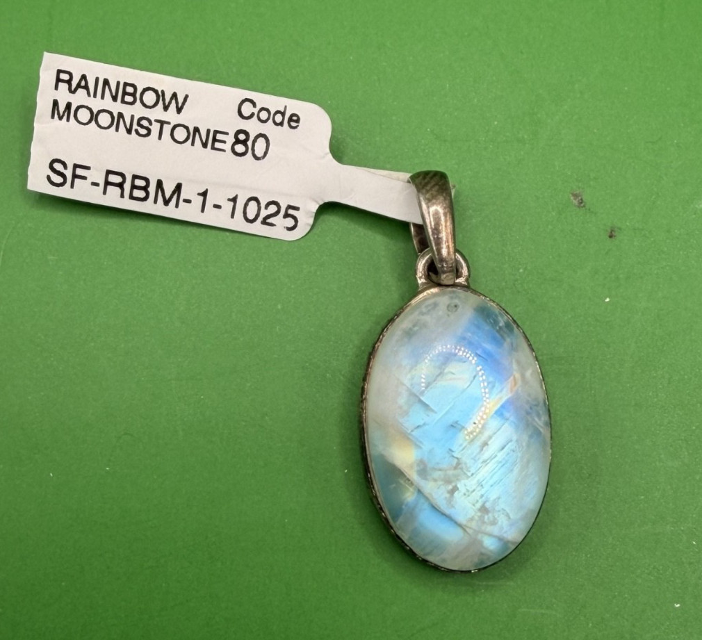 0.17oz Rainbow Moonstone Pendant 1.5″ Blue Flash Silver Setting