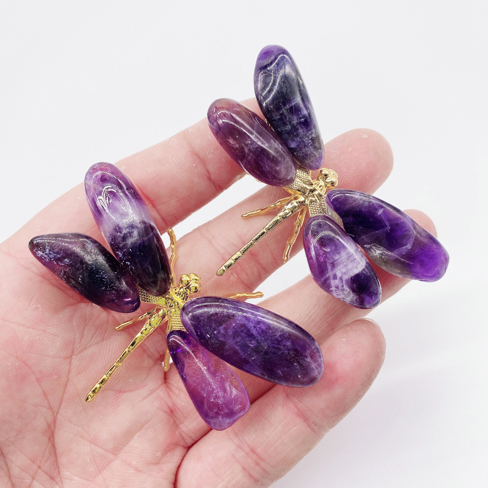 2PCS Natural Amethyst Reiki Gemstone Dragonfly Carving Crystal Quartz Healing