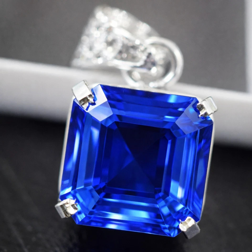 23 Ct Natural Emerald Shape Blue Sapphire 925 Silver Pendant IGL Loose Gems 6LHJ