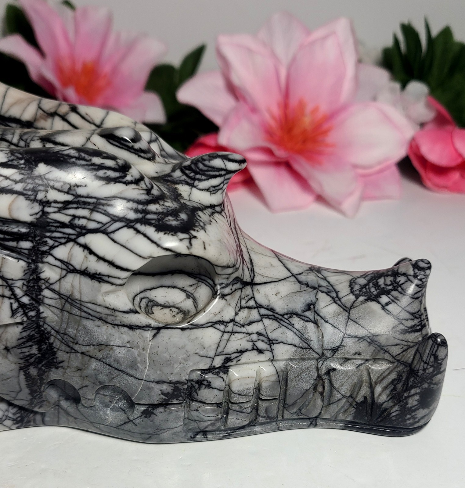 6″ 2.2 lb Elegant Picasso Jasper Dragon Head Skull Crystal Carving Stone Statue