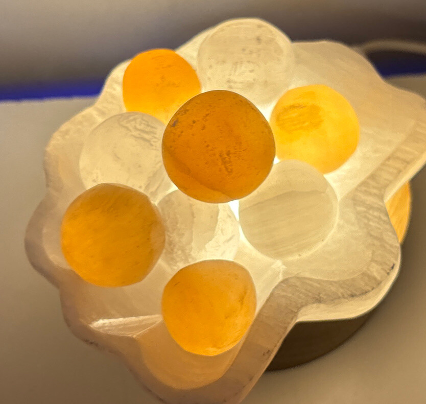 Selenite seashell and pearl lamp