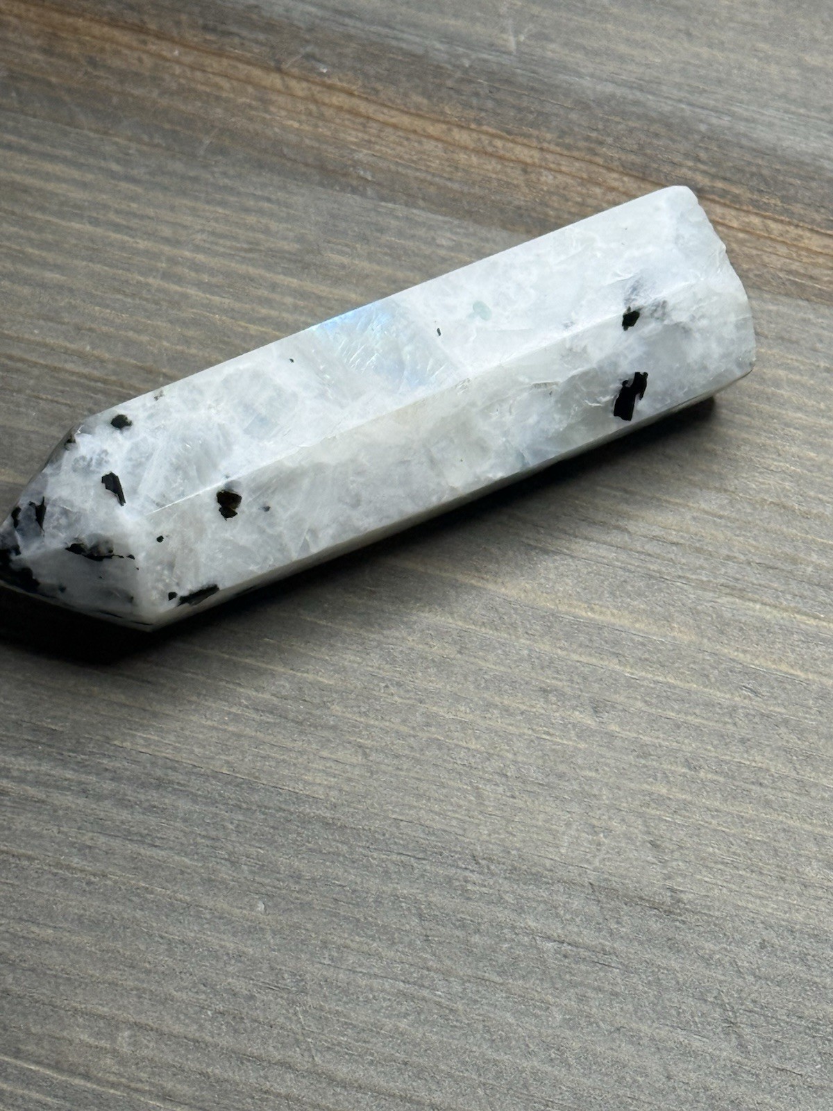 Rainbow Moonstone Crystal Tower Blue Flash Black Tourmaline Inclusion 3.5”