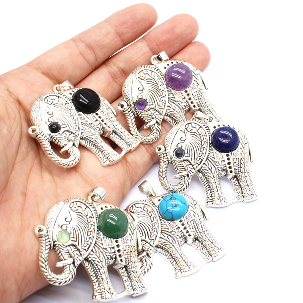 Natural Gemstone Crystal Flat Elephant Chakra Pendant Charms Reiki Healing Gift