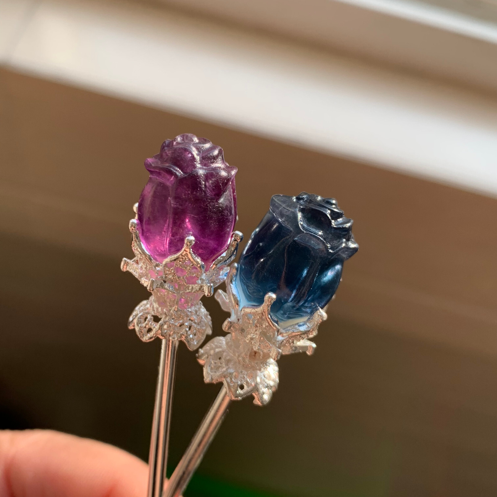5pc Natural fluorite carved rose hairpin quartz crystal reiki healing random