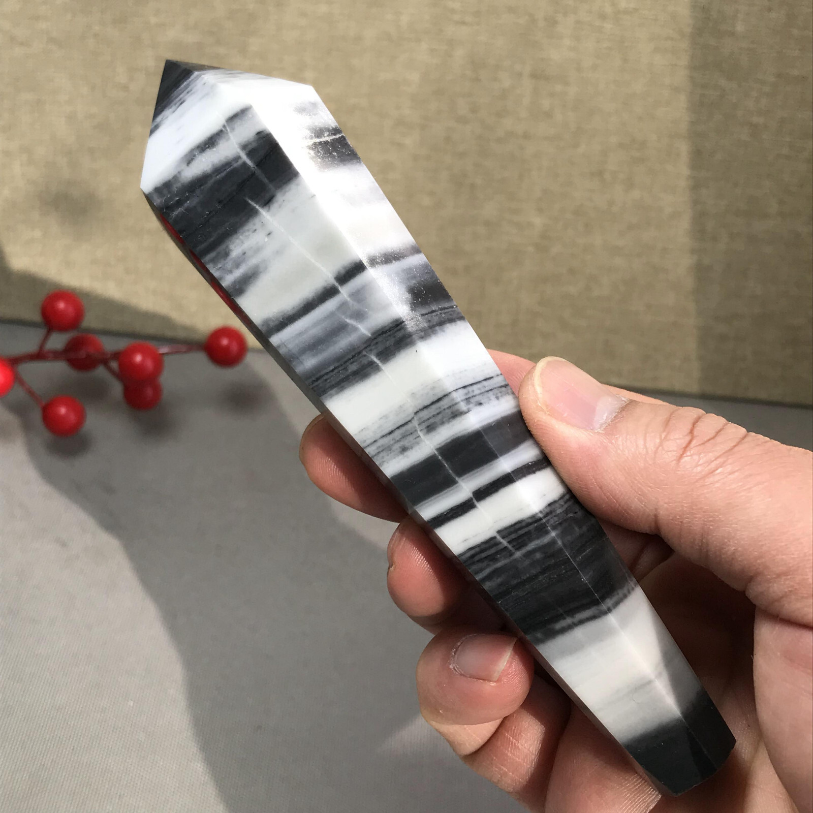 151mm Long Natural Taiji Stone stripe wand Obelisk Crystal specimens 255g A5779