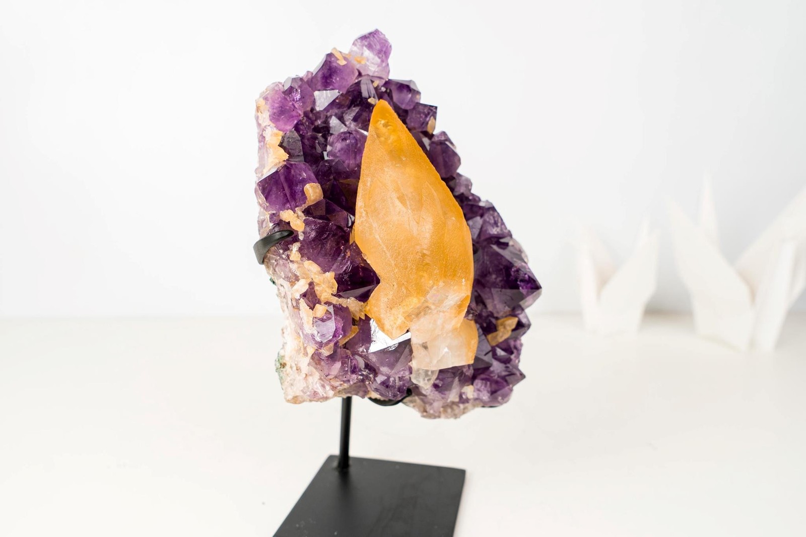 Rare Golden Yellow Calcite Specimen on Deep Purple Amethyst Cluster