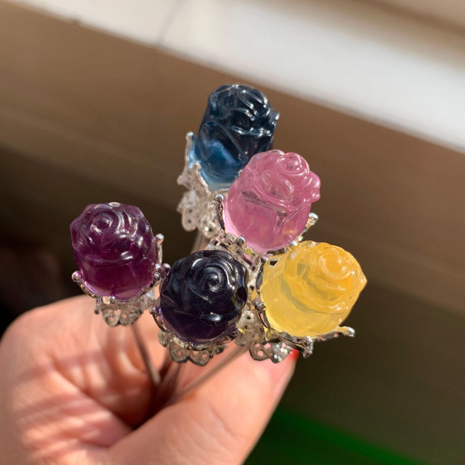 5pc Natural fluorite carved rose hairpin quartz crystal reiki healing random