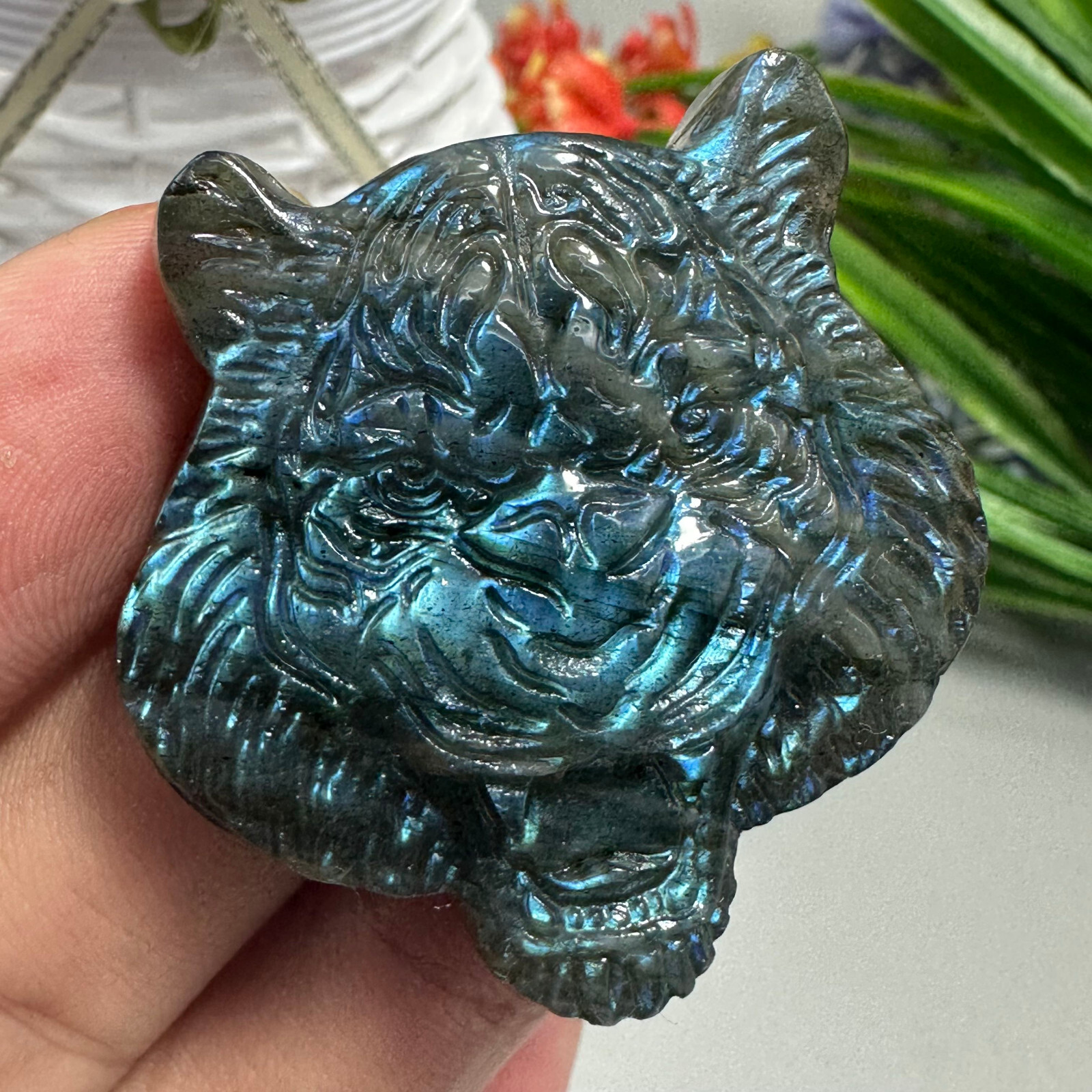 Natural Labradorite Carved Tiger Skull Quartz Skull Crystal Specimen Reiki Heal
