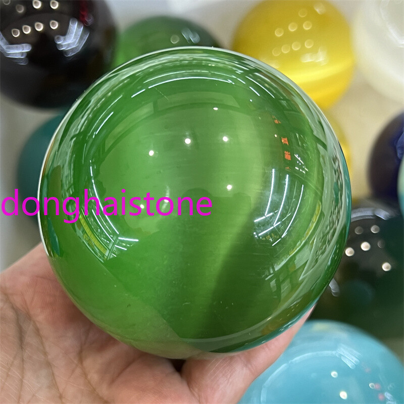 73mm+ Green Cat’s eye Carved Ball Quartz Crystal Sphere Figurines Healing 1PC
