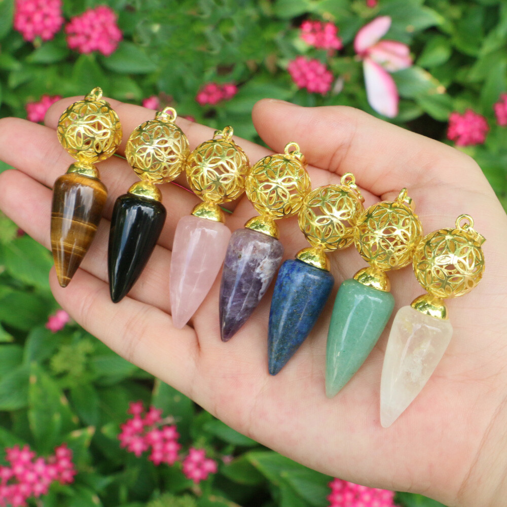 1pc Bullet Cone Crystal Chakra Chain Pendulum Quartz Stone Metal Dowsing Pendant