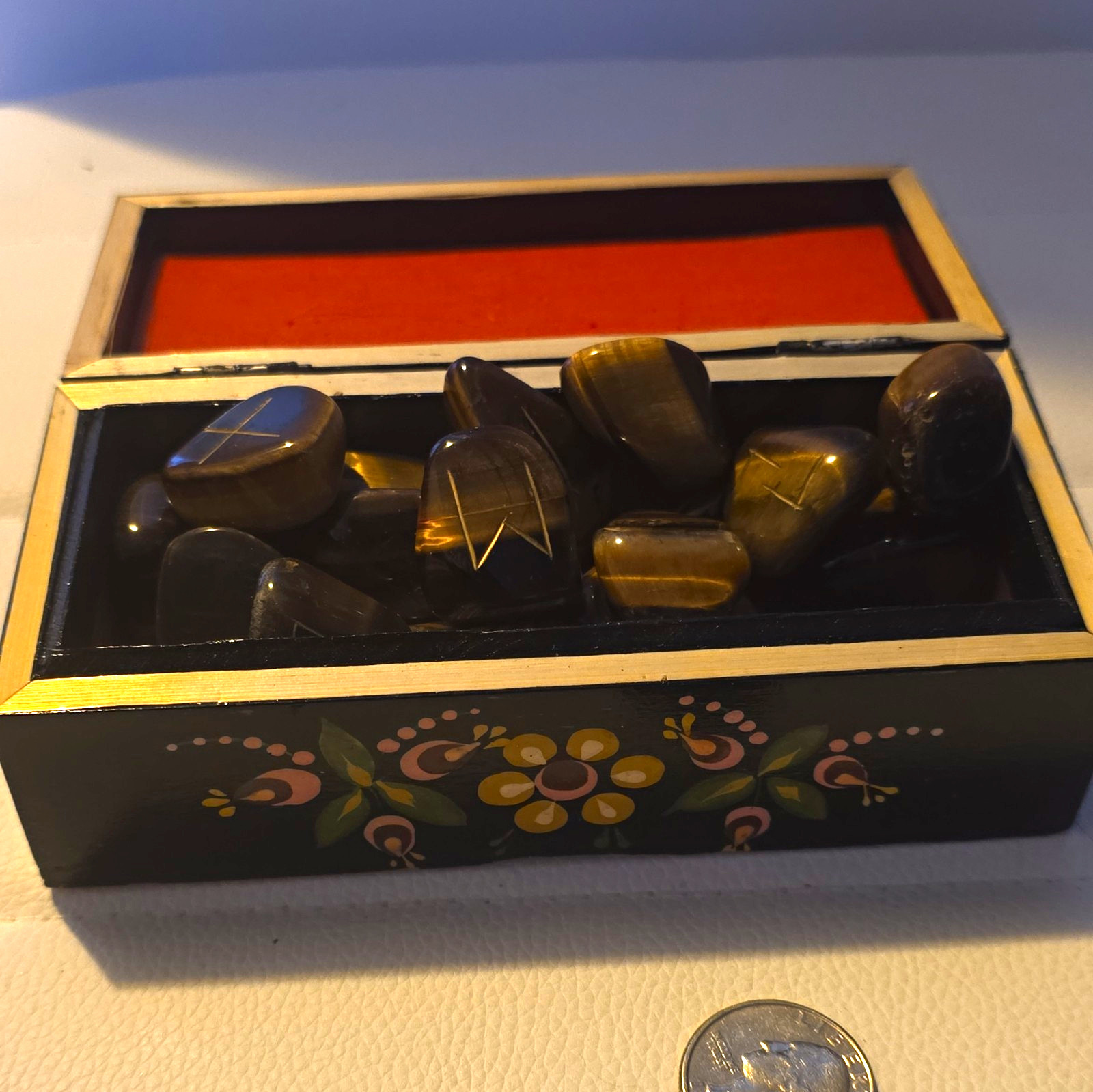 Russian Decorative Wood Box w/ Polished Tumbled Stones, Made in USSR