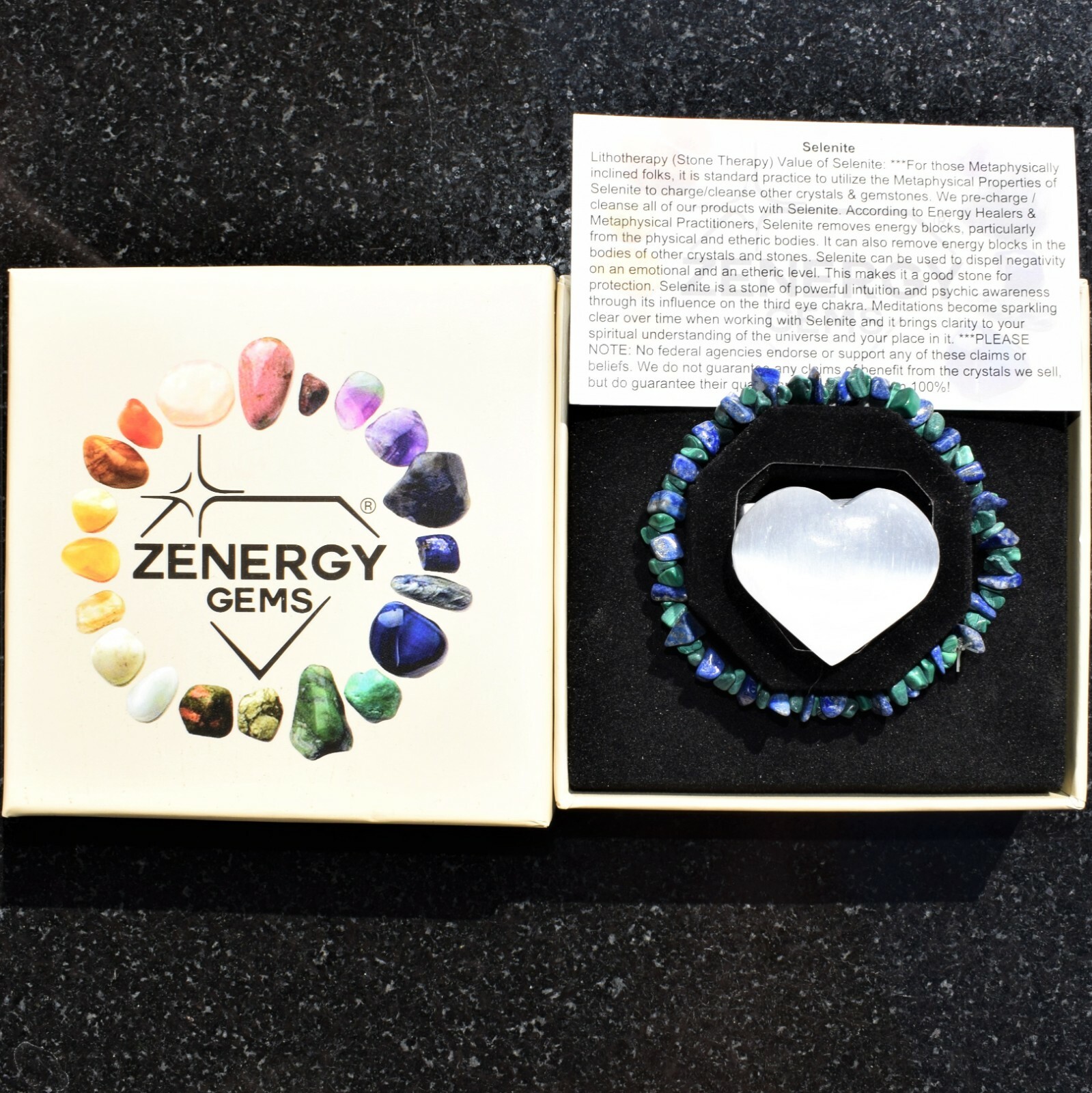 CHARGED Lapis Lazuli Malachite Crystal Stretchy Bracelet + Selenite Puffy Heart