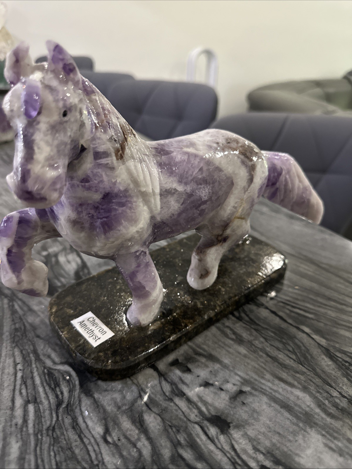 Brazilian Hand Crafted Cheveron Amethyst Crystal Horse Statue Home Decoration
