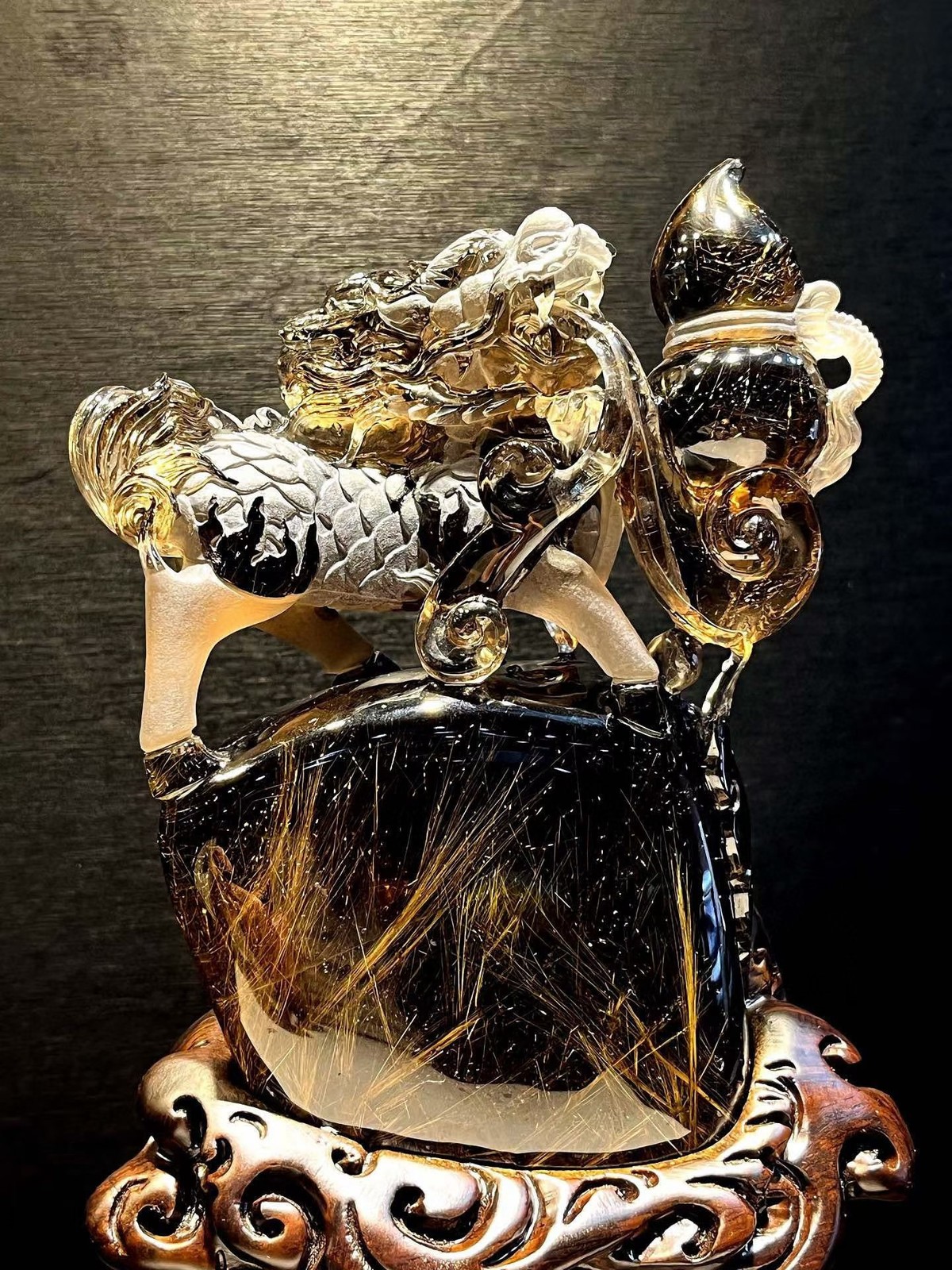 2.46LB Natural Rutile Quartz Hair Crystals Carved Chinese Dragon Skull + Stand