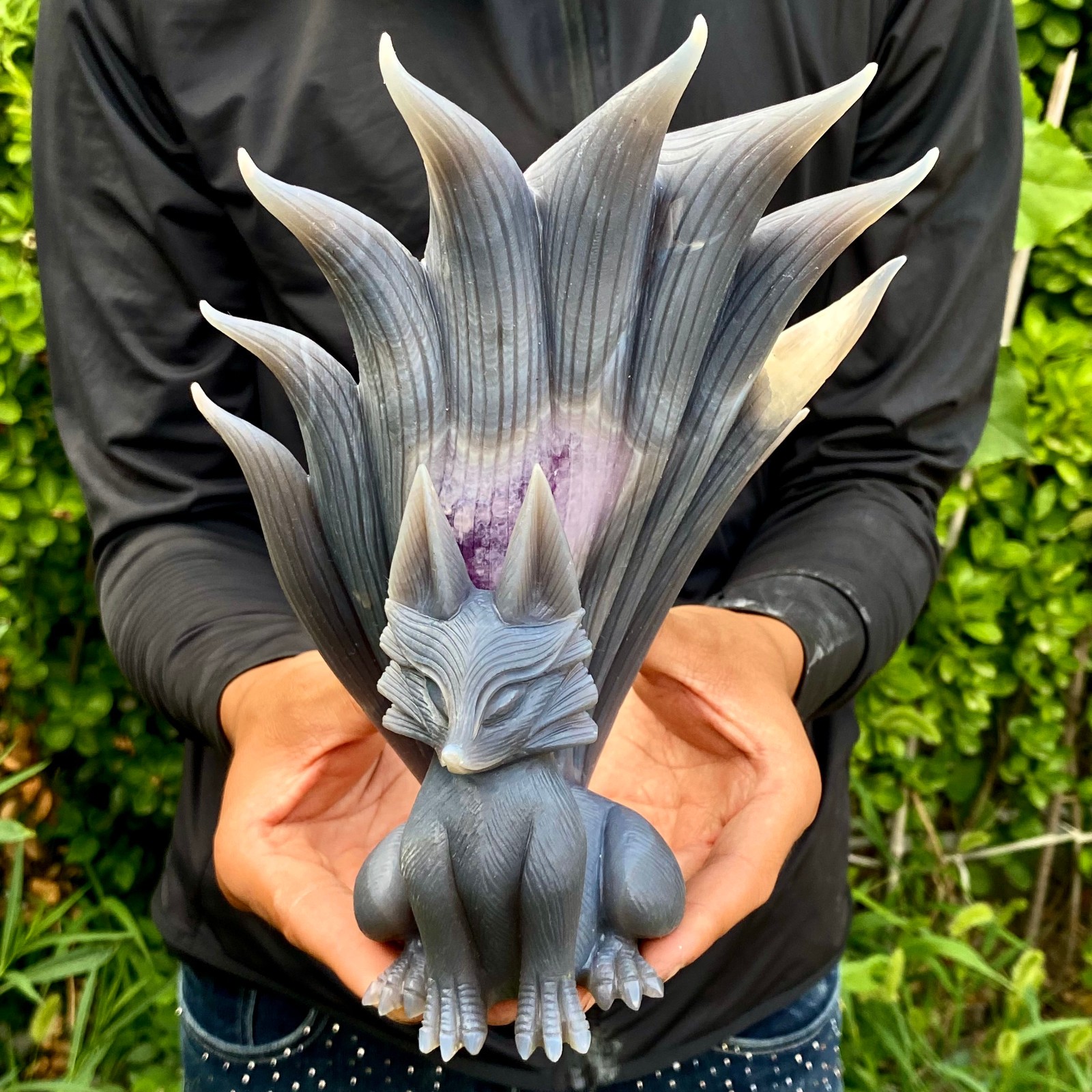 3.99LB Natural Agate Geode Hand Carved Nine-tailed Fox Quartz Crystal Decor