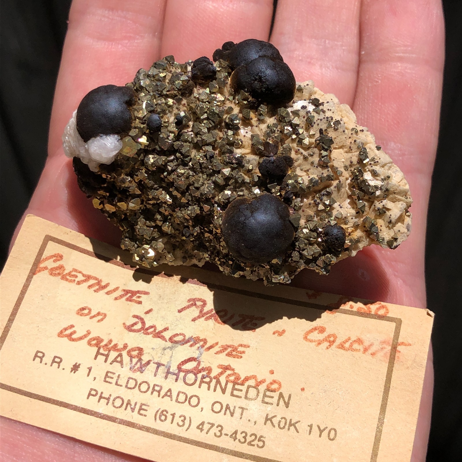 6.3cm Goethite on Pyrite, Calcite & Dolomite Crystals from Wawa, Ontario, Canada