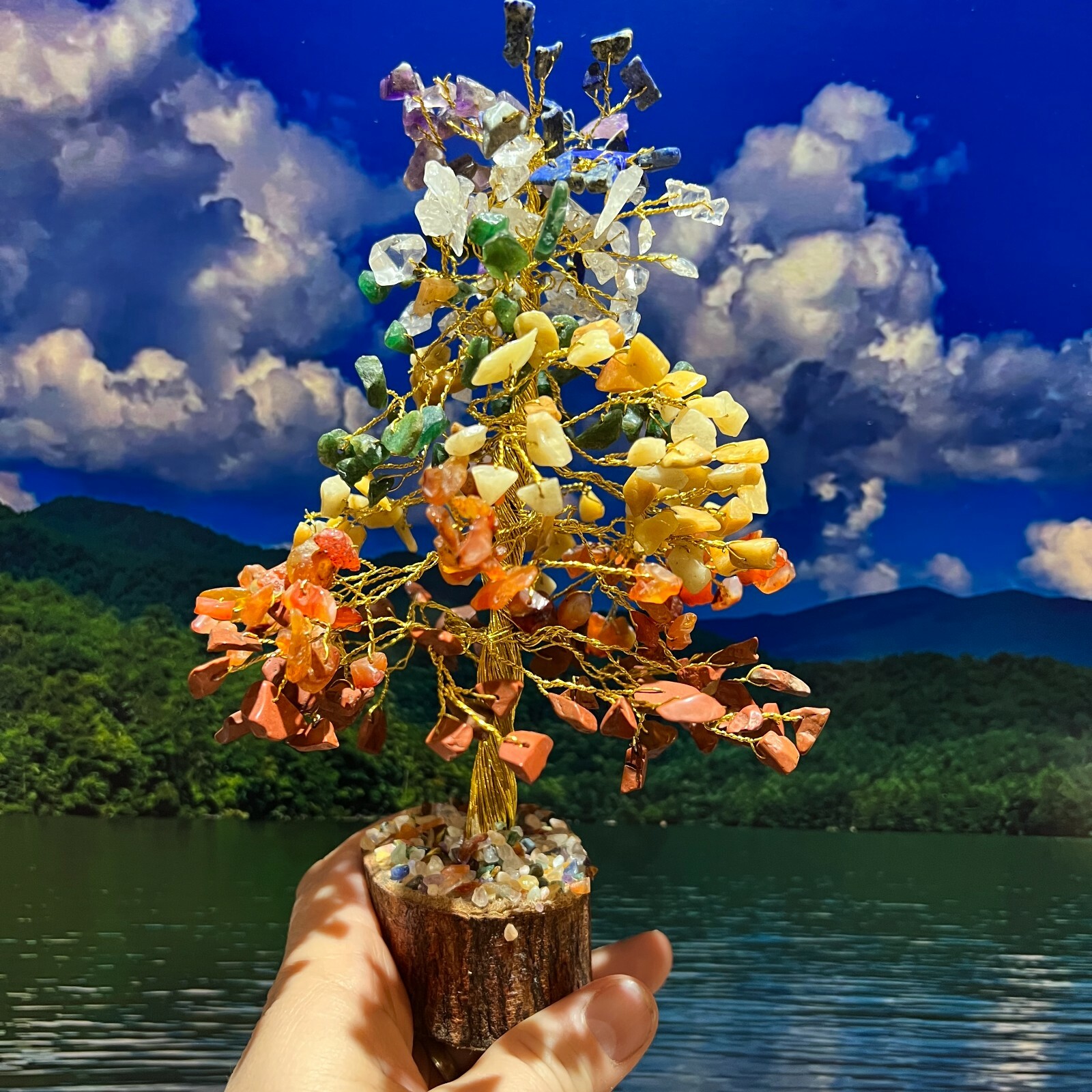 LARGE 7 Chakra Crystal Gemstone Bonsai Money Tree Good Luck Prosperity FengShui