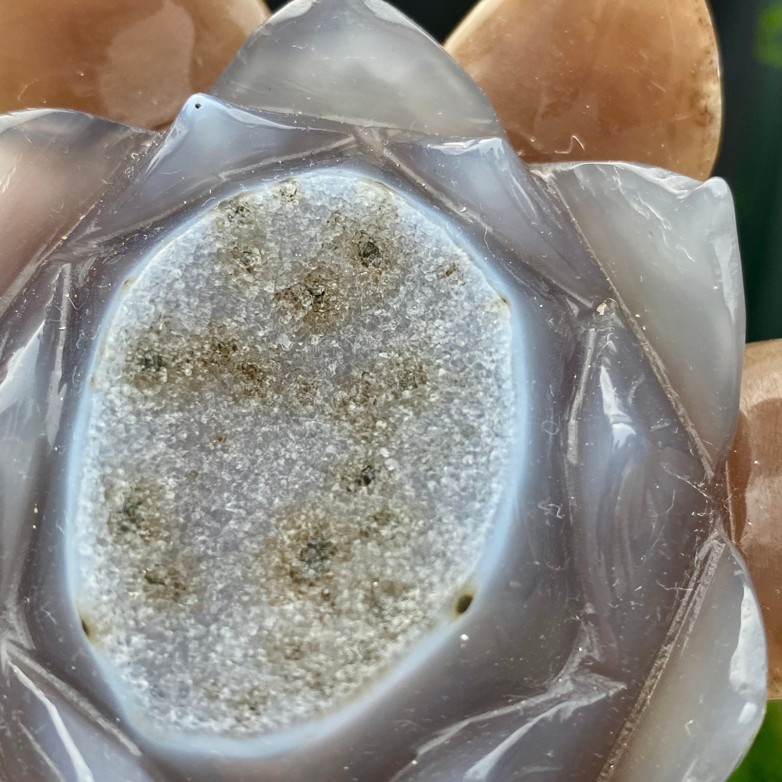 343G Natural Agate Geode Carved Lotus Flower, Hand Carved Healing Crystal Home