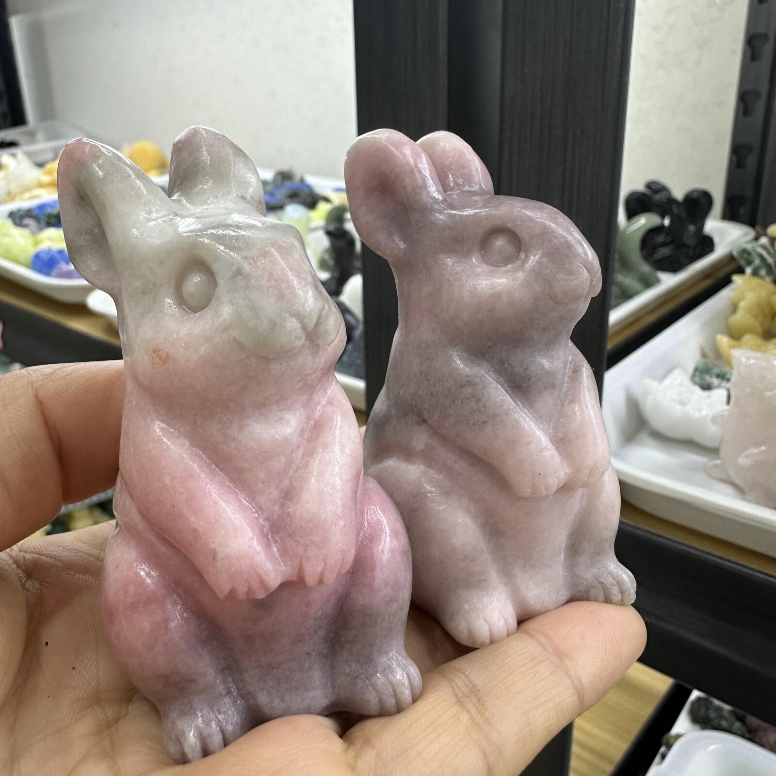 1pc natural Pink opal quartz crystal handmade rabbit skull healing gift decor