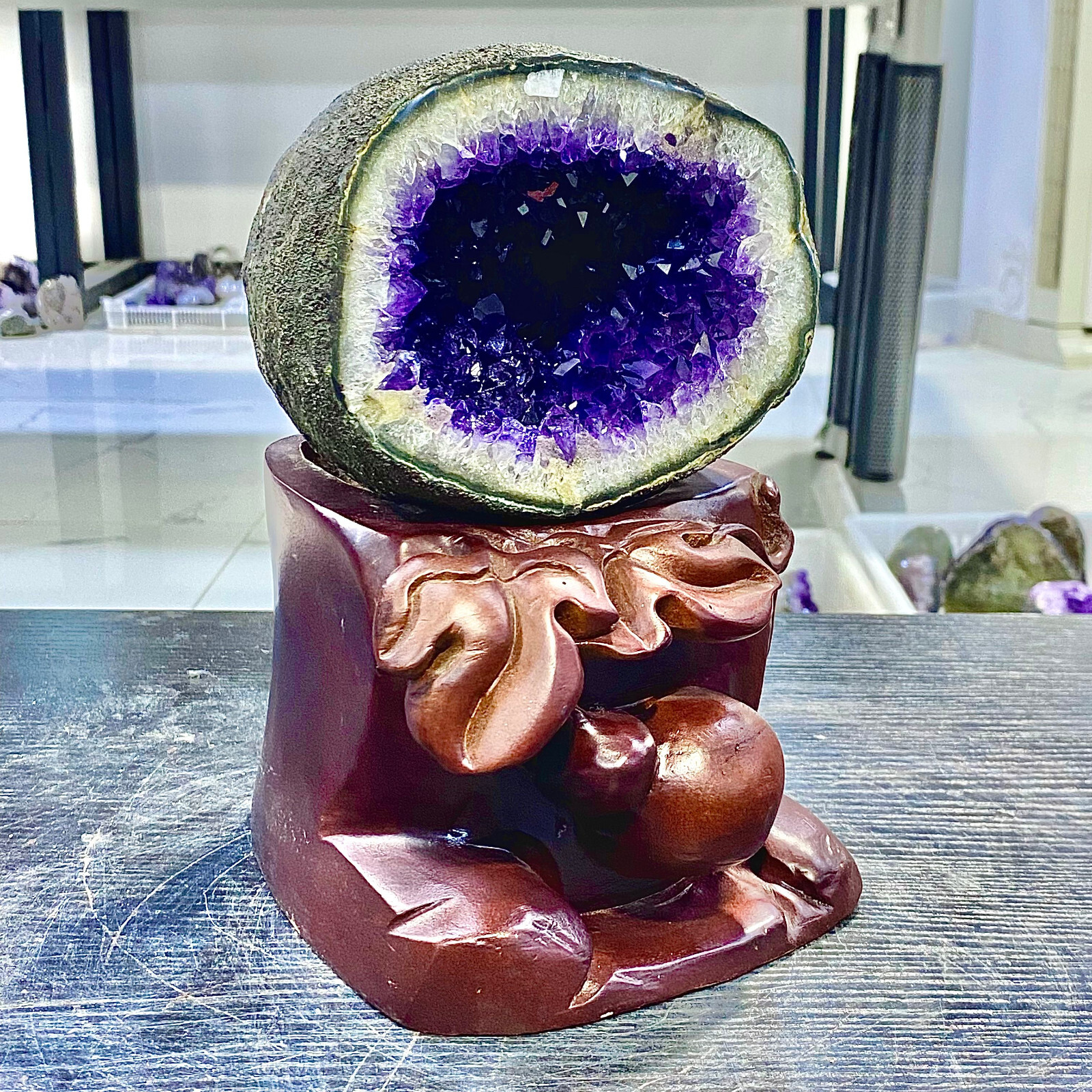 6.09LB Uruguay Natural Amethyst Money Bag Cave Decoration+Bracket