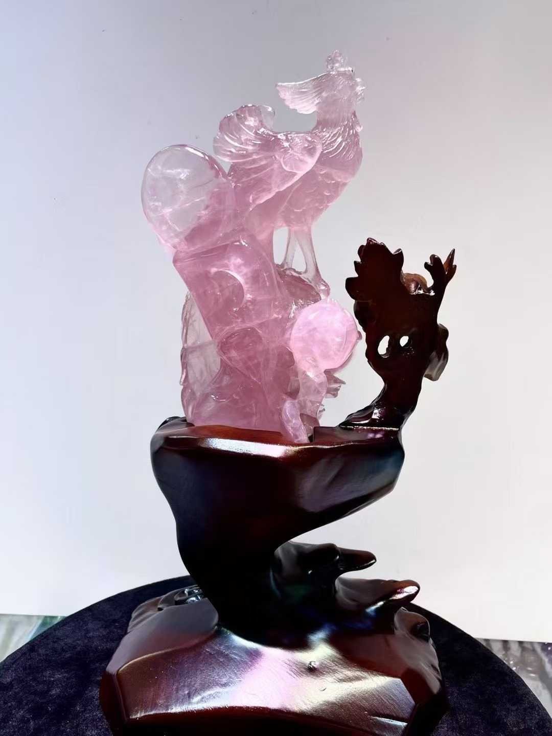 4.3LB Natural Pink Rose Quartz Carved Phoenix Skull Crystal Reiki Decor+Stand