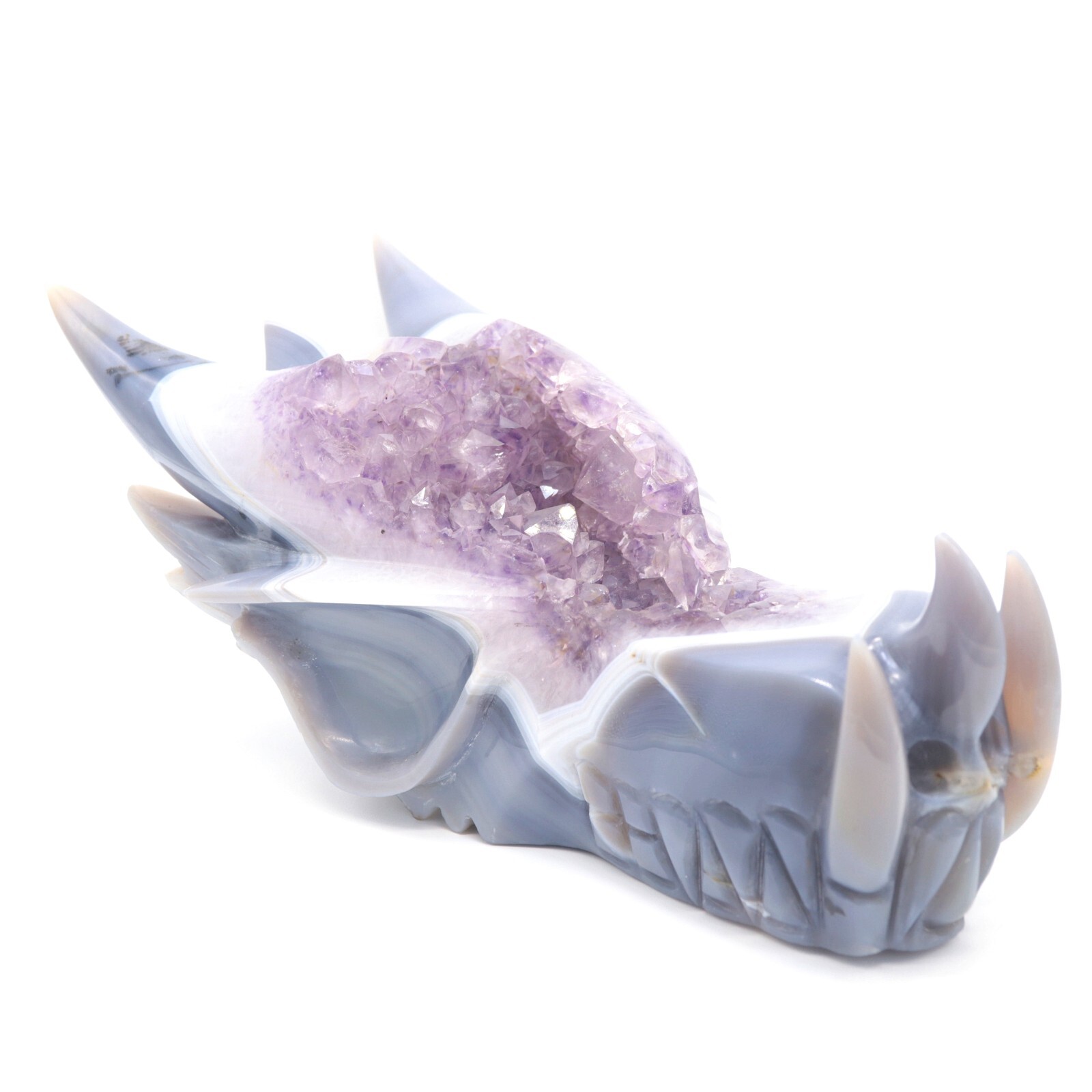 10″ Agate Amethyst Cluster Hand Carved Dreagon Head Sculpture, Crystal Healing