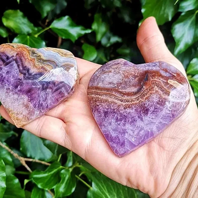 Mexican Amethyst Crazy Lace Agate Heart Palm Stone Healing Decor Energy Gift