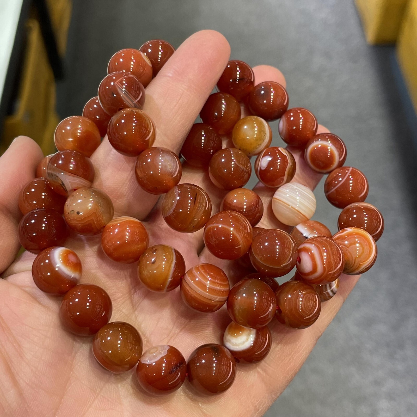 1pc 12mm Carnelian Red Agate Beaded Healing Reiki Stretchy Bracelet