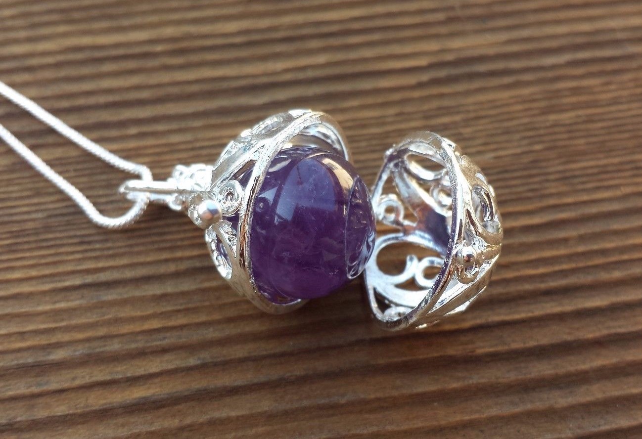 ROUND FILIGREE CAGE PENDANT WITH AMETHYST SPHERE CRYSTAL PENDANT