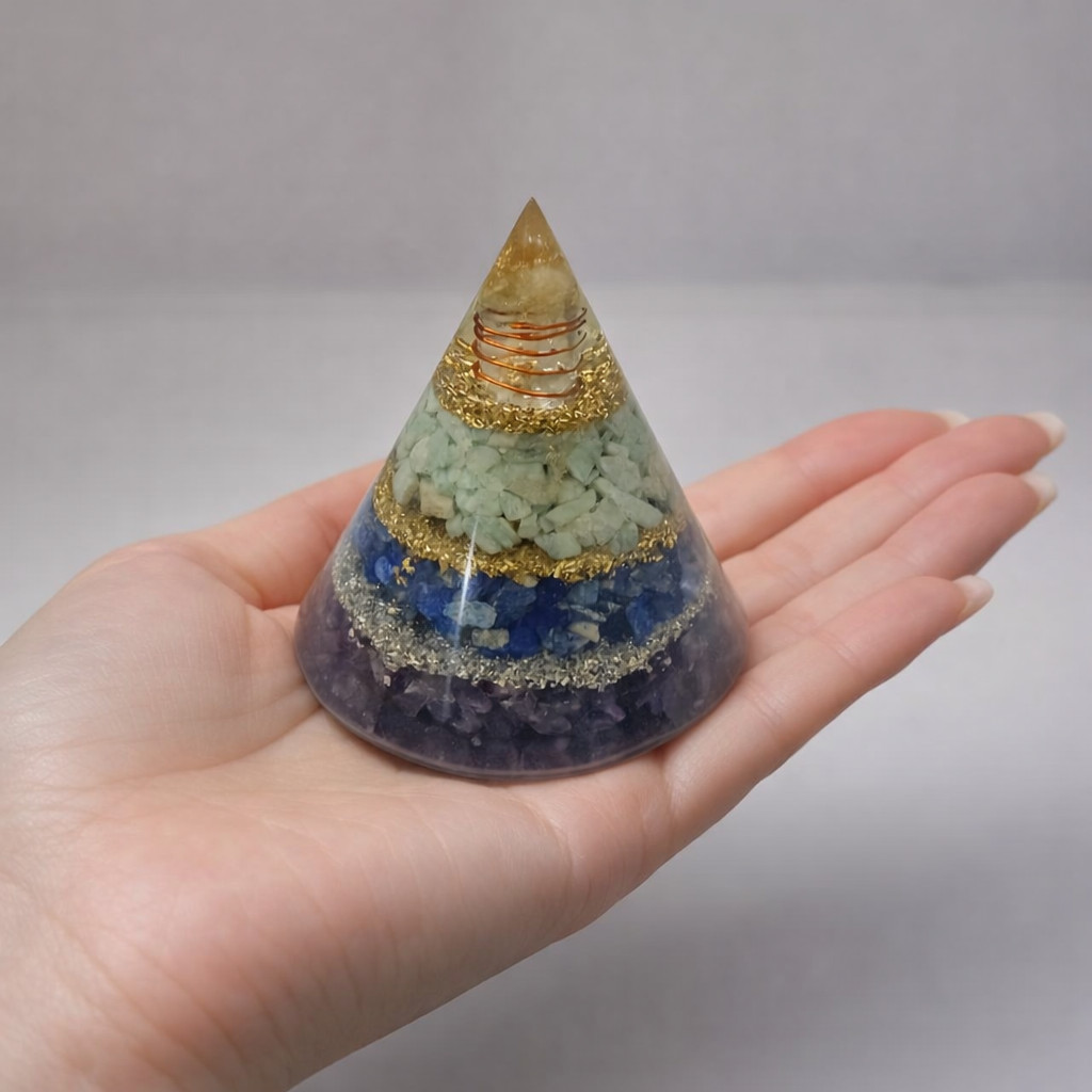Handmade Orgone Cone with Amazonite, Amethyst & Lapis Lazuli –Balancing Crystal