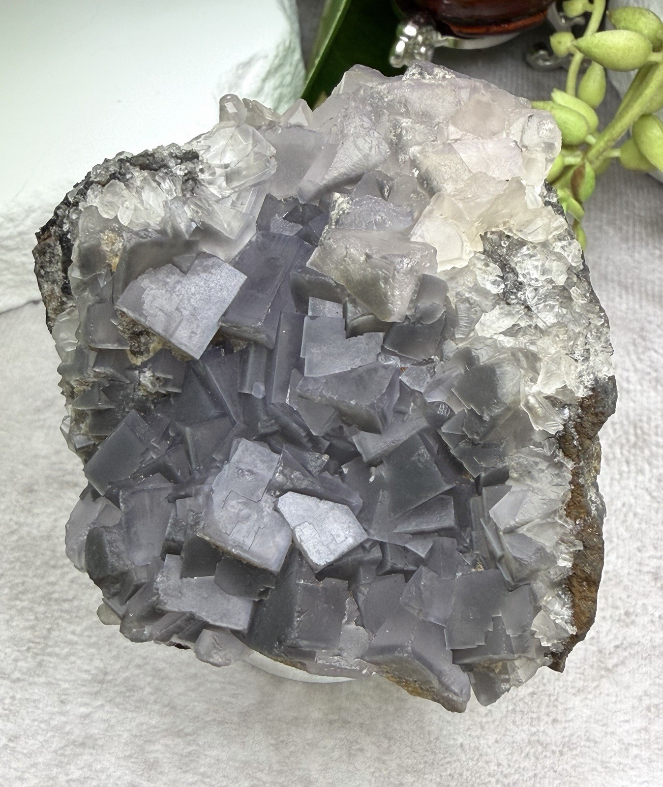 Crystal 242g QR Code Cube Grey Fluorite UV Reactive Cluster Specimen Mineral