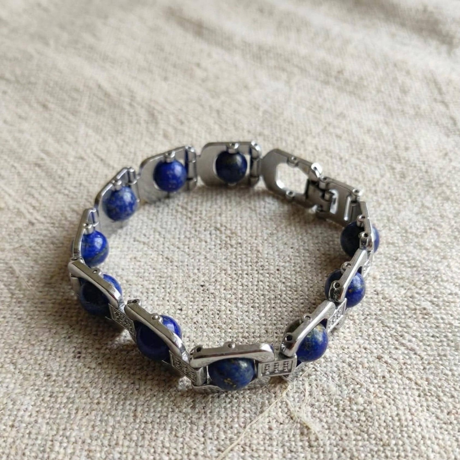 Premium Lapis Lazuli Link Bracelet Silver Plated, Gift for Communication