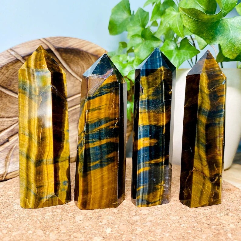 Natural Tiger’s Eye Healing Crystal Wand Obelisk Reiki Tower Point Home Ornament