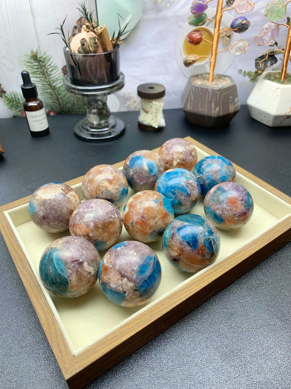 5cm Crystal Ball, Blue Apatite Sunstone Purple Mica Resin Composite Wooden Stand