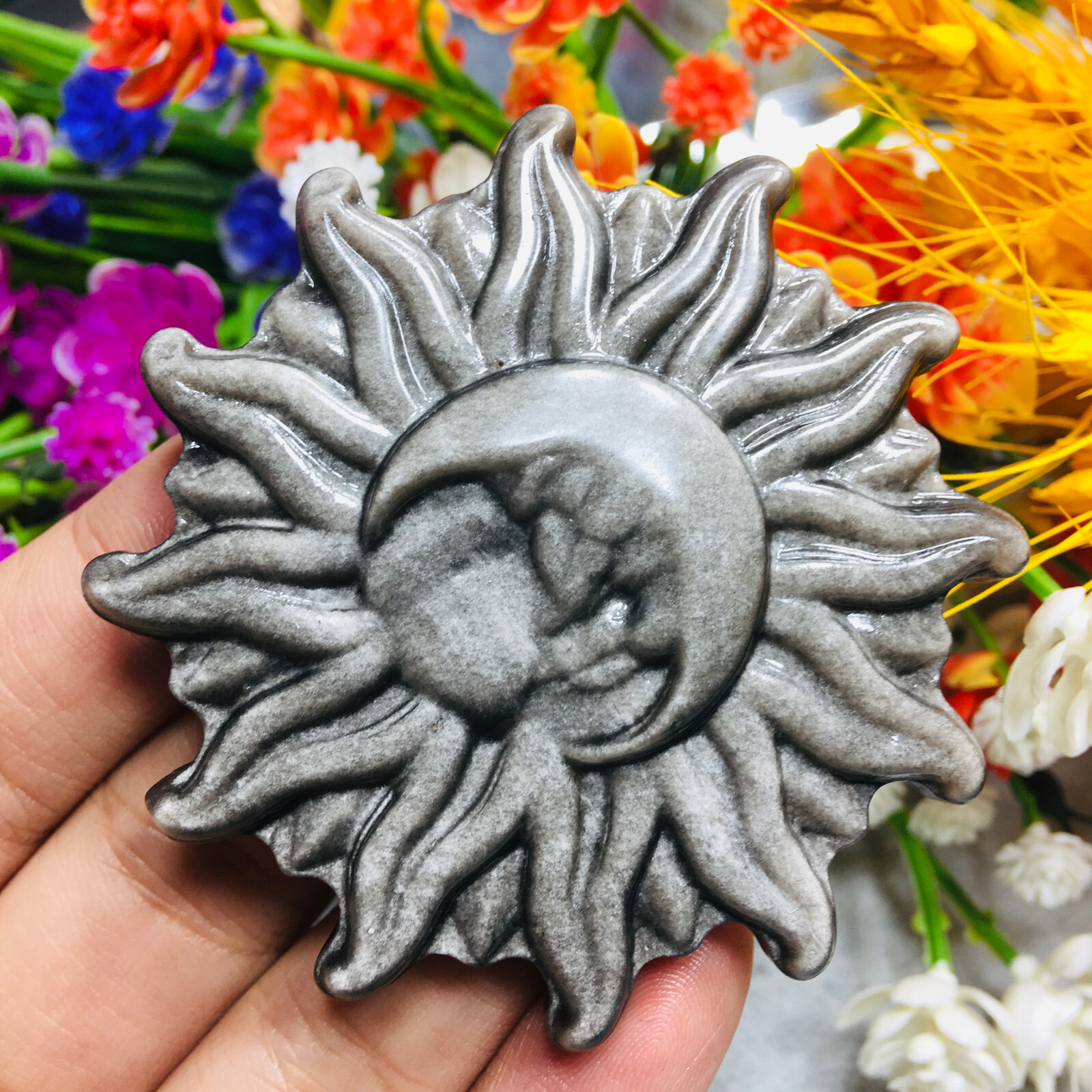Natural Silver Obsidian Sun Moon Quartz Skull Crystal Specimen Reiki Healing 1pc