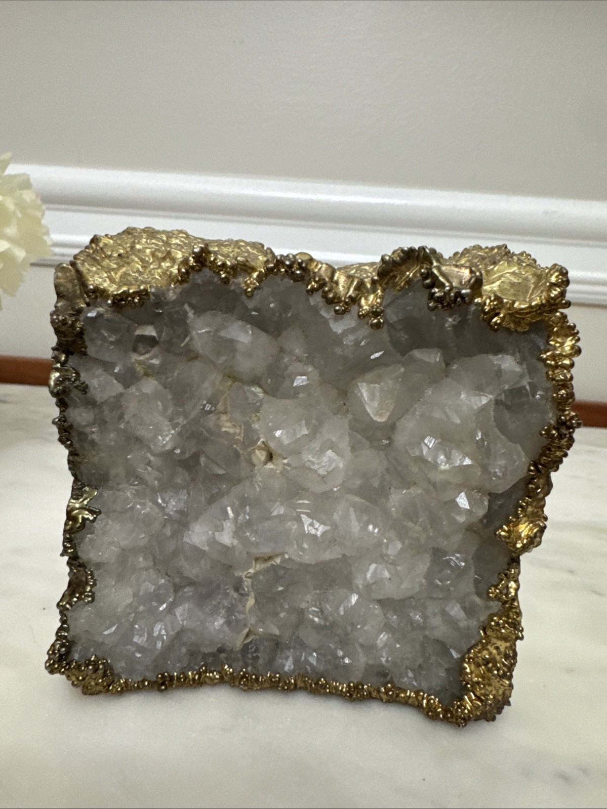 Natural Clear Quartz Druzy Geode Gold-Tone Electroplated Decor