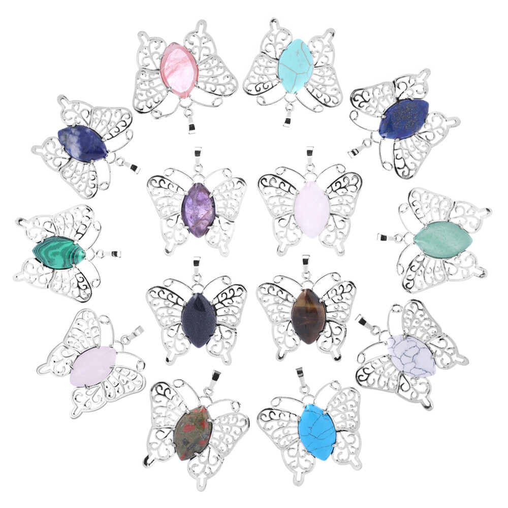 Butterfly Crystal Hollow Oval Bead Stone Gemstone Quartz Pendants Chakra Healing